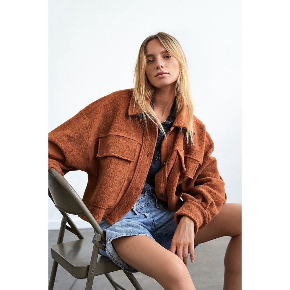 Free People Cropped Ruby Jacket Copper Brown Fleece Shacket Size M